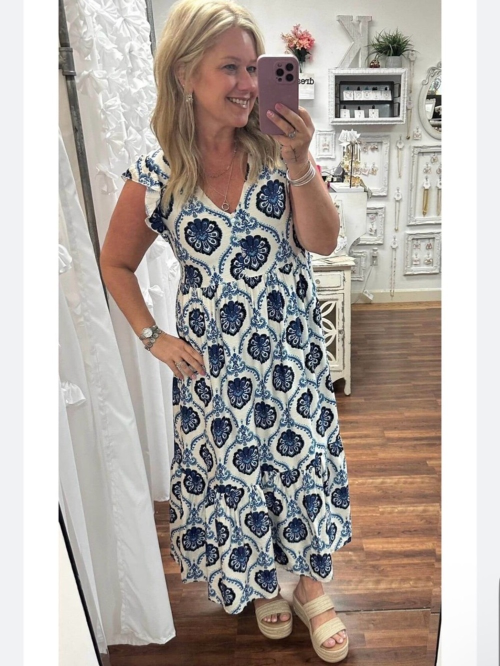 NWT Umgee blue demask midi dress with ruffle neck and trim